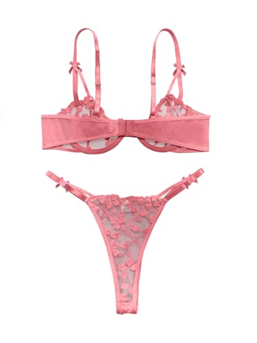Image of Lilosy Sexy Underwire Cute Push Up Strappy Embroidered Mesh Sheer Lingerie Set See Through Panty Bra