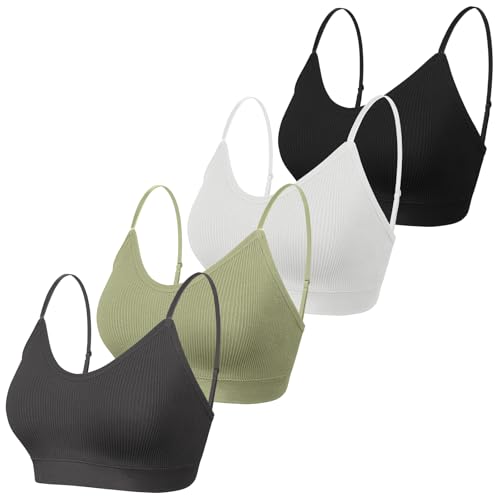 KCDDUMK 4-Pack Padded V-Neck Seamless Cami Bras For Women - Black White Olive Dark Grey Medium