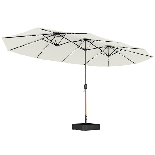 Outsunny Sombrilla Doble con 48 Luces LED, 4,6x2,6 m, Sombrilla Terraza Exterior con Base Incluida, Manivela, Sacos Arena, Funda, Anti-UV, Resistente al Agua, Parasol para Jardín, Terraza, Crema