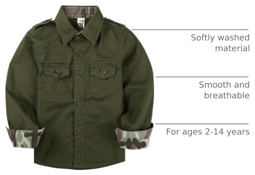 Image of Toddler Little Boys Button Down Long Sleeve Shirt Uniform Army Scout Casual Fall Top with Pocket
