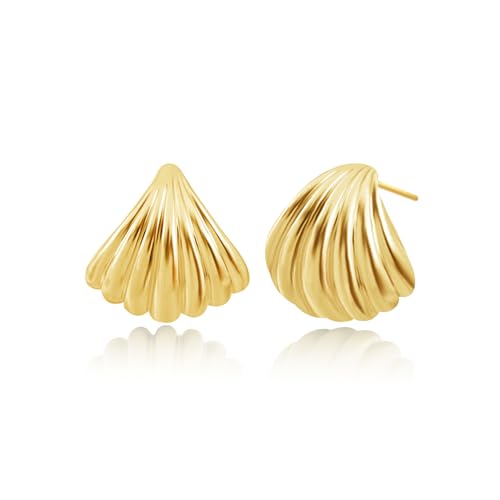 Free bird 14K Gold Plated Chunky Earrings for Women Trendy Gold Shell Earrings Textured Minimalist 925 Sterling Silver Post Chunky Gold Earrings
