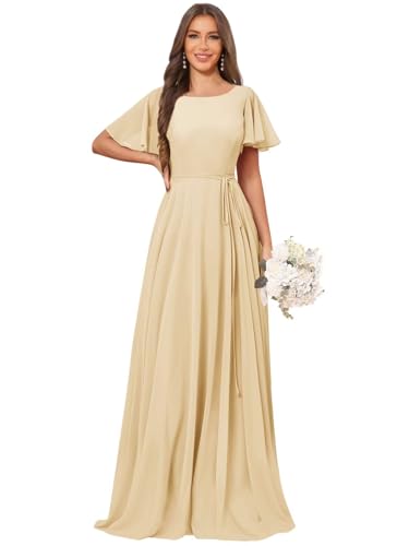 Women's Short Sleeve Bridesmaid Dresses Chiffon Formal Evening Party Gown