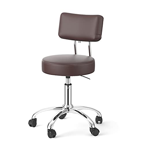 Taburete de salón ajustable en altura con soporte para la espalda, taburete redondo con ruedas, silla giratoria de piel sintética para spa, salón médico, oficina en casa, calidad premium y comodidad