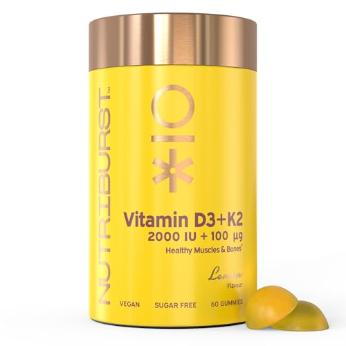 Nutriburst Vitamin D3 (2000IU) + K2 (100µg) - Essential Nutrients to Support Bone Health, Skeletal & Immune Function - Vegan, Sugar Free Supplement - 60 Lemon Gummies - 1 Month Supply
