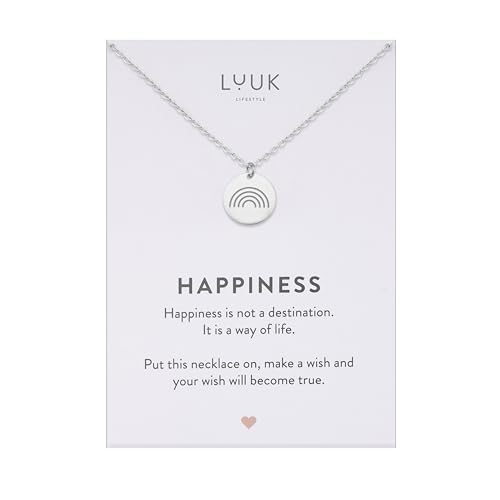 LUUK LIFESTYLE Minimalistische Halskette mit Coin Anhänger und Regenbogen Motiv, hochwertiger Schmuck in Boho Style, dezentes Damenaccessoire, 50cm, Geschenkidee zum Geburtstag, Silber