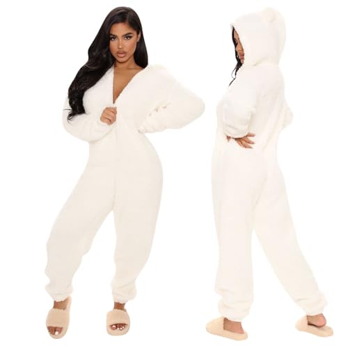Generisch Mono de forro polar cálido para mujer, mono largo y mullido, con capucha, cómodo mono de peluche, pijama de una pieza, manga larga, monocolor, con cremallera, traje de casa holgado, O blanco