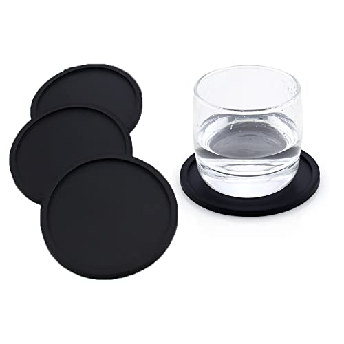 Dessous de verre rond en silicone antidérapant pour café, bière, tasse à vin, bouteille de vin, maison et bar, dessous de verre pour diverses tasses (4 pièces noires) Cover