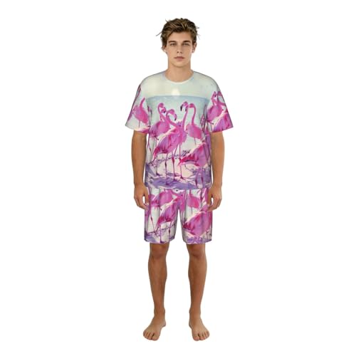 Pyjama homme léger et respirant 2 pièces motif flamants roses de plage