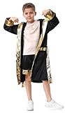 HAPNBCELE Boxing Costume for Kids Silk Champion Boxer Robe with Hood Halloween Costumes 4 Pcs Set with Belt T-Shirt(Black,M)