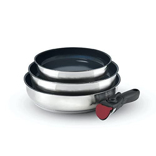 Qdesign - Batterie de Cuisine à Induction 4 Pièces - Set de 3 Poêles en Inox 20, 24 et 26 cm avec Poignée Amovible - Acier Inoxydable - Lot pour Tout Feu - Sans PFOA - Argenté
