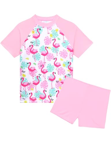 Image of Girls Swimsuit Colorful Short Sleeve Bathing Suits UPF 50+ Rash Guard Set Two Piece Summer Swimwear