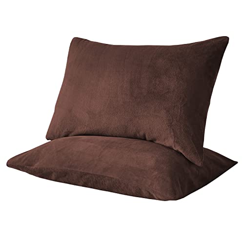 枕カバー 秋冬用 二枚セット マイクロファイバー まくらカバー フランネル パイル地 ピローケース ふわふわ 柔らかく肌触り 暖かい あったか 洗える 静電気防止加工 封筒式 (ブラウン, 43×63cm)