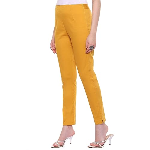 Image of Rangriti Peach Poplin Lycra Slim Solid Slim Pants for Women