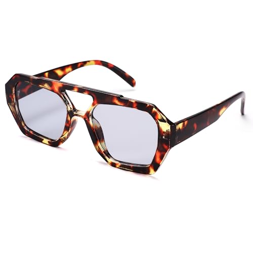 LIU·WEN Trendy Aviator Sunglasses for Women Men - Vintage Hexagonal Square Thick Frame Shades