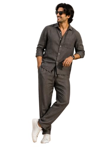 Image of Men's Premium Linen Co-Ord Set | Regular Fit Full Sleeve Solid Shirt with Drawstring Trouser | Breathable Linen Casual Outfit for Summer, Travel, Beach, Vacation & Daily