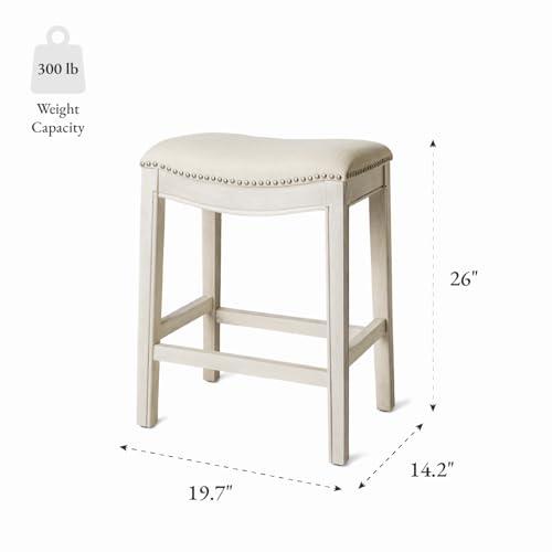 Image of Maven Lane Adrien Backless Counter Stool - Set of 4 - 26 Inches - Saddle Stool with Footrest - Cream Solid Wood Frame & Cream Fabric Upholstery - Perfect for Kitchen Islands & Counters