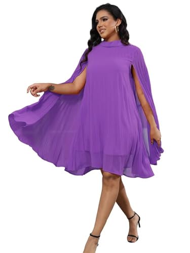 Image of Women's Casual Cape Sleeve Pleated Split Short Dress Loose Fit Cocktail Party Flowy Dress