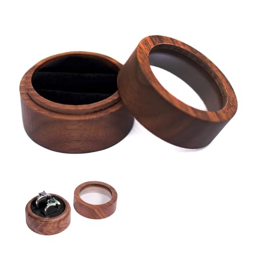 Ecrin Bague en Bois, Boite Alliance Mariage, Boîte à Bagues en Bois Rond pour 2 Bagues, Idéal pour Fiançailles, Mariage et Saint-Valentin, Design Élégant...
