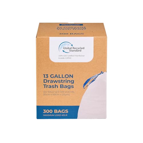 Plastiguide 300 Count Tall Kitchen Drawstring Trash Bags, 13 Gallon, 100% Post-Consumer Recycled, Commercial Garbage Bags, GRS Compliant, Unscented, White