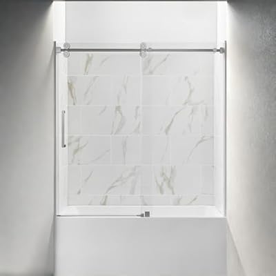 ChicFurnit 56-60" W x 60" H Frameless Bathtu Shower Door, 3/8"(10MM) Clear Tempered Glass Sliding Door, Smooth-Closing Door with Reversible Installation&Stainless Steel Hardware, Brushed Nickel