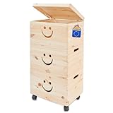 Pinus - Spielzeugkiste Holz mit Deckel 3-in-1, Spielzeug Aufbewahrung Lächeln, 39x30x74 cm, Aufbewahrungsbox Kinderzimmer auf Rädern, Spielkisten Aufbewahrung Kinder, Holztruhe Kinderzimmer