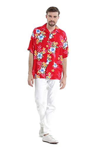 Image of Matchable Couple Hawaiian Luau Shirt or Maxi Simple Dress in Hibiscus | Sold Individually; Soft Rayon Fabric; Cap Sleeve Design; Signature Tropical Prints; Vacation Ready