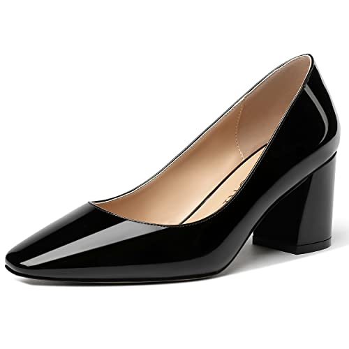 MERRORI Women's Patent Slip On Block Square Toe Dess Shoes Block Mid Heel Pumps Shoes 2.5 Inch