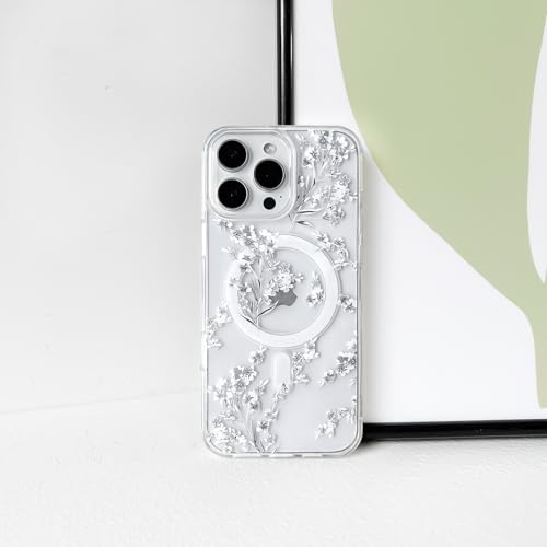 NITITOP Compatible with iPhone 16 Pro Case Clear Magnetic Compatible with MagSafe Cute Flowers Floral Leaves for Women Girls Floral Hard PC Back Shockproof Protective Phone Cover - White by NITITOP - Image 6