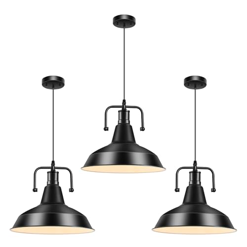 3PCS Farmhouse Pendant Light for Kitchen Island, Black Pendant Lights Fixtures with Metal Shade...