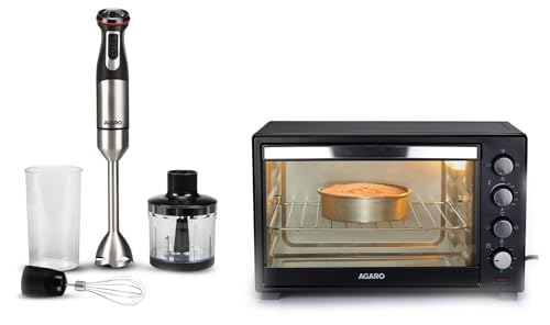 Image of AGARO Marvel 48 Liters Oven Toaster Griller (Black) & AGARO Grand 1000 Watts Hand Blender With Chopper, Jar & Whisker, 2 Variable Speed Modes & Speed Regulator, Blades(Black), 400mmx60mm (33635)