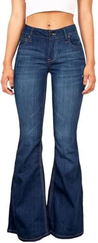 Women's Denim Stretch Thin Flared Mid Waist Pull-On Bootcut Slim Flare Jean Button Up Bell Bottom Stretch Classic