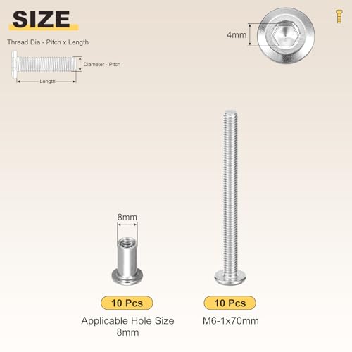 Image of METALLIXITY Crib Screws Replacement Set(M6-1x70mm) 20Pcs, Stainless Steel Connector Bolts M6 Screw Barrel Nuts Binding Screws, for Chair Cabinet Bed, Silver