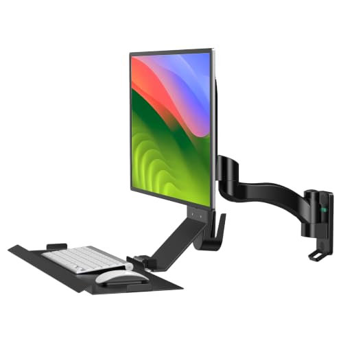 BEWISER Monitor Wall Mount with Foldable Keyboard Tray & Mouse Storage Single Monitor Arm Stand Computer Workstation for 17''-32'' Screens Suitable for Factory, Hospital, Warehouse & Lab Black
