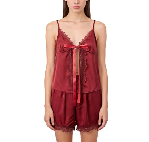 Image of ROAONOCOMO Women Lace Trim Pj Shorts Set Square Neck Coquette Tank Top Silk Satin Pajama Set Babydoll 2 Piece Shorts Outfit