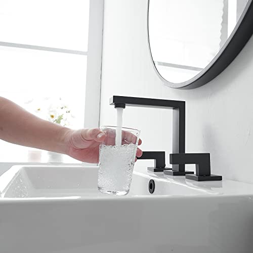 Homevacious Matte Black Bathroom Faucet 2-Hnadle 8 Inch Widespread Bathroom Sink Faucet 3 Hole Modern Vanity Sink Faucet With Pop Up Drain Assembly And Supply Hose 3 Pieces Basin Faucets Mixer Tap #TOP4