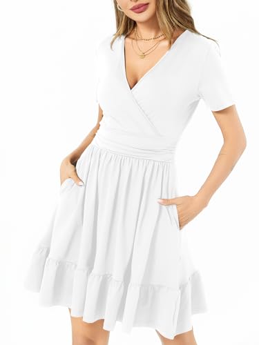 Image of Women's Fashion Summer Causal Short Sleeve Dress V Neck Beach Party Dresses with Pockets
