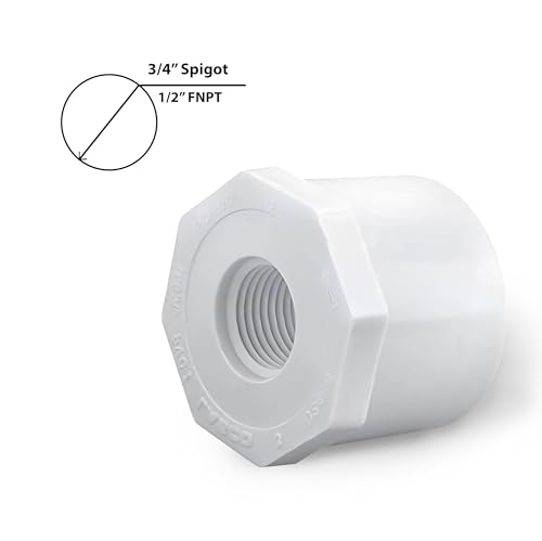 White Reducer 3/4 Inch Spigot x 1/2 Inch FNPT Female Pipe Thread PVC Reducing Bushing SCH 40 PVC Pipe Reducer Adapter Fitting PVC Reducer Bushing