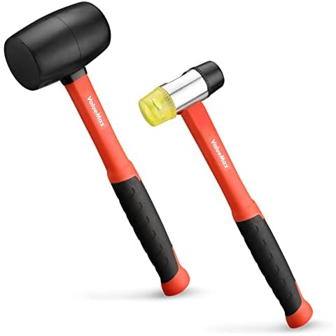 ValueMax Rubber Mallet, 16oz Rubber Mallet Hammer And 35mm Double-Faced Soft Mallet, Fiberglass Handle With Soft Grip, Solid Head, 2 Piece Black Mallet Set Cover