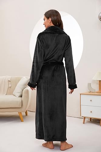 HEARTNICE Langer Bademantel Damen Fleece, Weiche Plüsch Morgenmantel für Frauen Warme Bademäntel Kuscheliger Hausmantel in voller Länge (Schwarz, L/XL)