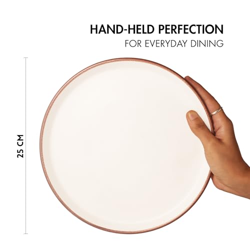 Image of Ceramic Dinner Plates, 6 Pcs | Rim Plate for Easy Eating | Microwave, Oven, Dishwasher Safe | Set of 6 Ceramic Plates for Dinner | Handmade | (Vanilla Biscuit, Set of 6 Dinner Plates)
