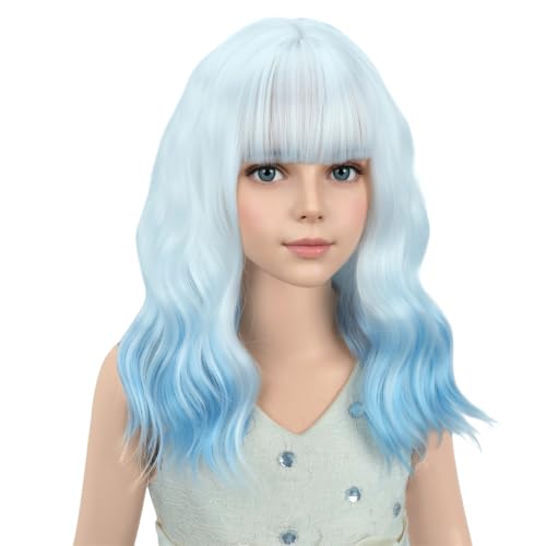 Image of PATTNIUM Girls White Ombre Blue Short Wavy Curly Wig with Bangs Kids Ombre Blue Bob Wigs Synthetic Halloween Costume Cosplay Party Wigs