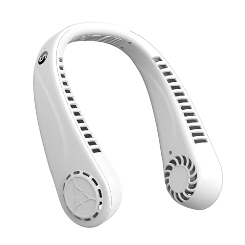 BIRDDIE Portable Bladeless Hanging Neck Fans with Screen Display and 5 Speeds Levels, USB Rechargeable, 360° Cooling Wearable Personal Fan for Work Travel Sport Outdoor (White)