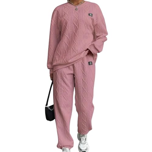 Womens jacquard sweater set for autumn and winter crew neck long-sleeved casual sweater trousers two-piece set