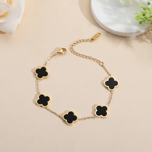 Image of AIPPK 18K Gold Plated Clover Lucky Bracelet for Women White /Black /Red /Green Flower Four Leaf Link Bracelets Trendy Jewelry Gifts for Women