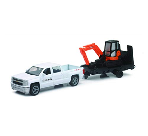 NewRay New Ray New 10 KUBOTA Collection - Kubota KX040 Excavator with White Chevy Pickup & Trailer (Orange Black) Model Toys