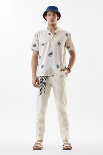 Image of SNITCH Men Casual Trousers | Slim Fit Mid Rise Textured Design | Cotton Linen Blend & Breathable Fabric for Summer & Street Wear