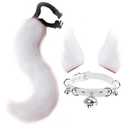DRESHOW Fox Faux Fur Tail Cat Ears Hair Clip Halloween Party Costume Neck Choker Cosplay Set for Women, Fur Tail Set-16 White