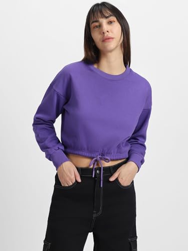 Image of JUNEBERRY Cotton Poly Fleece Regular Fit Pink, Purple Green & Orange Solid Full Sleeve Sweatshirt for Women