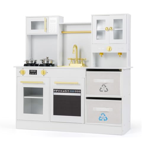 COSTWAY Kinderküche, Spielküche mit Herd, Sound & Licht, Spielzeugküche inkl. 2 faltbaren Stoffschubladen & Küchen-Zubehör, Holzspielküche für Kinder ab 3 Jahren (Weiß)