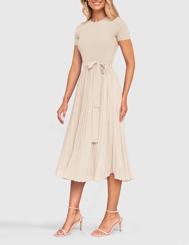 Zesica Womens Summer Short Sleeve Midi Dresses Spring Casual Crew Neck Knit Belted Pleated A Line Flowy Wedding Guest Dress,Apricot,Small thumb #2